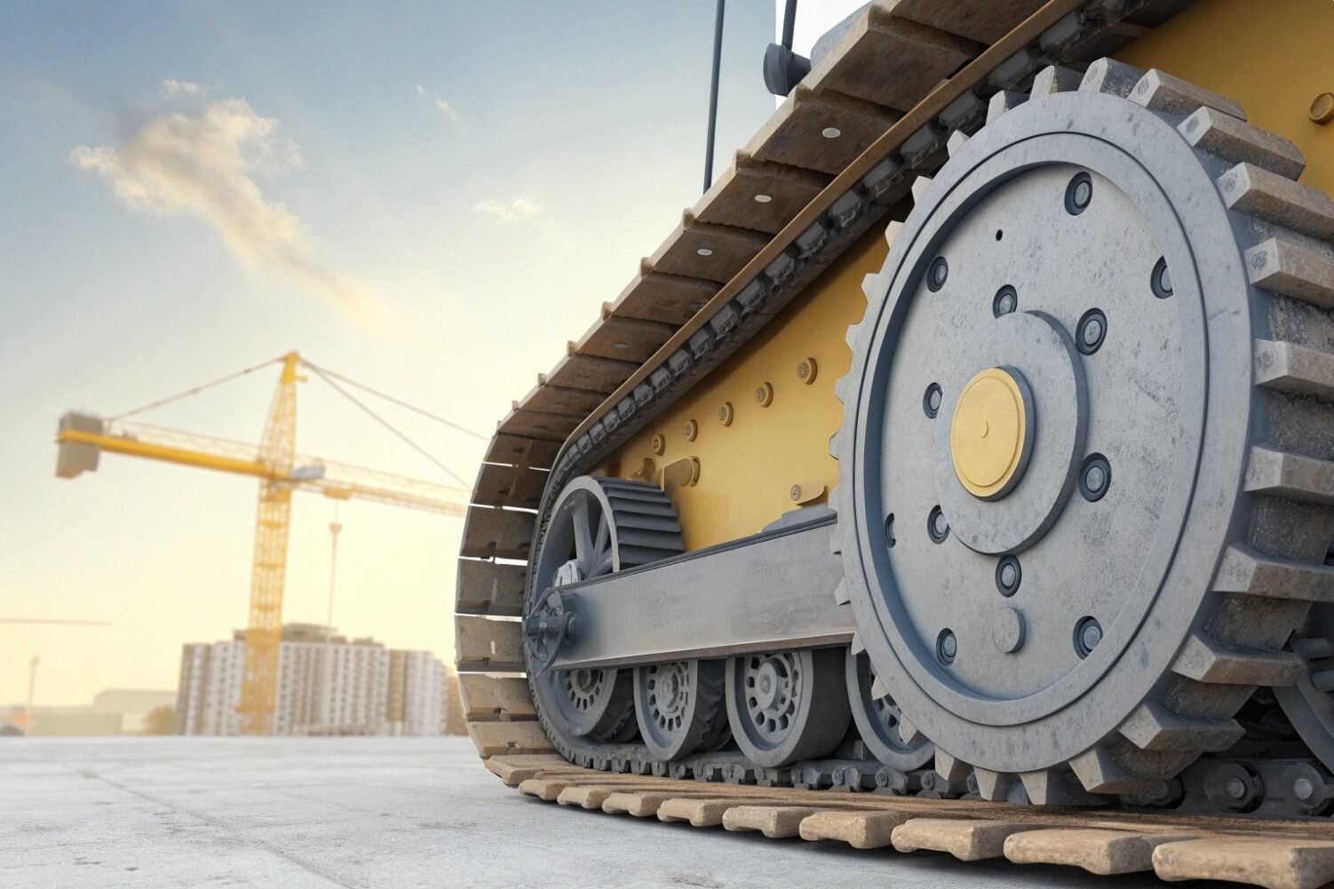 Close up of heavy machinery undercarriage with durable steel track and gears