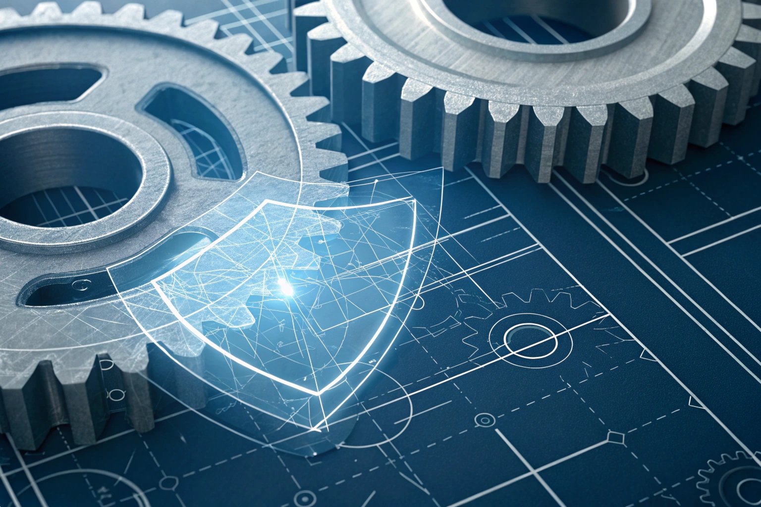 Industrial gears on technical blueprint with digital security shield overlay