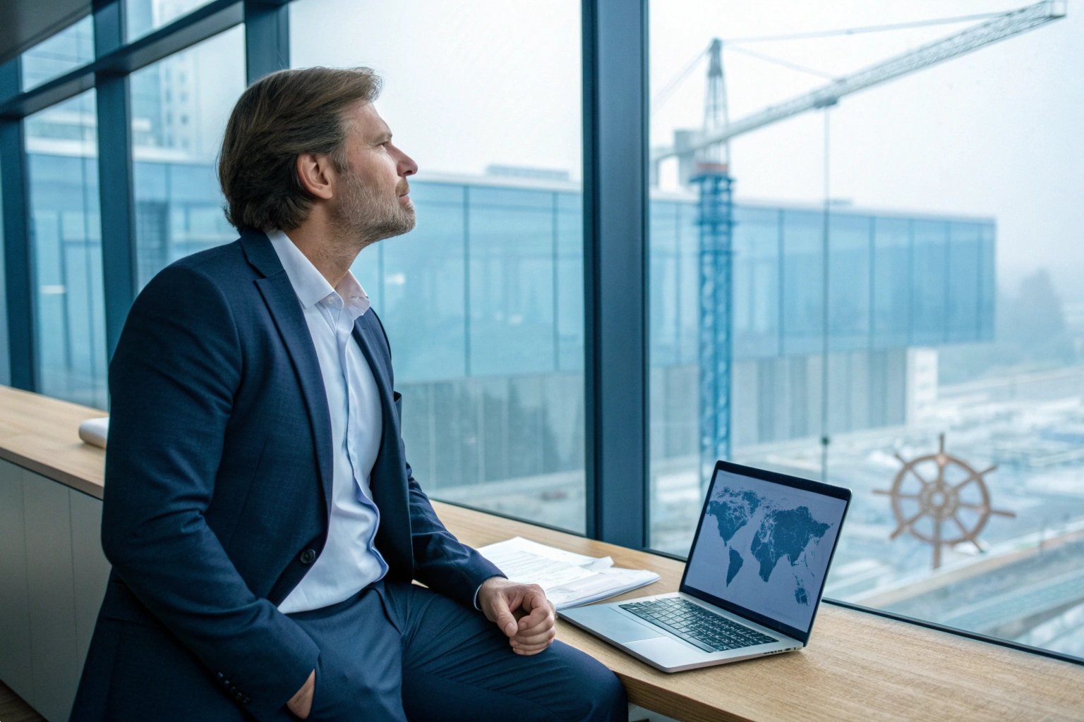 Thoughtful businessman in suit looking out window near laptop with world map data