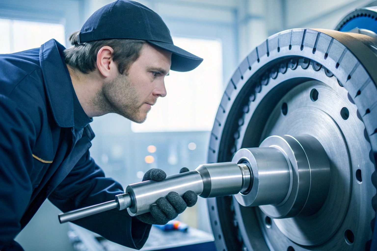 Technical engineer in uniform performing high-precision inspection on large metal industrial gear