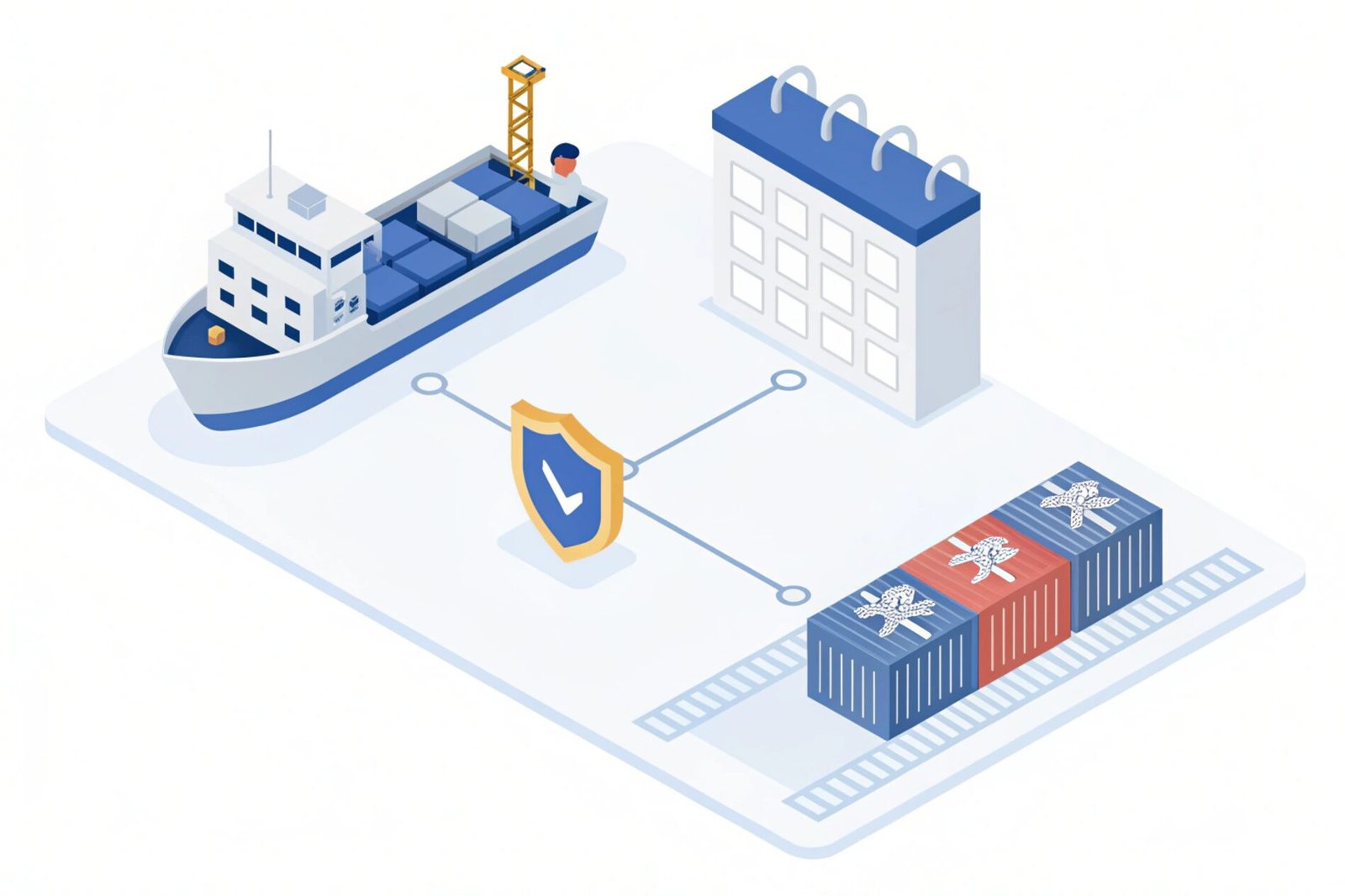 Isometric illustration of logistics security shield protecting a cargo ship and containers.