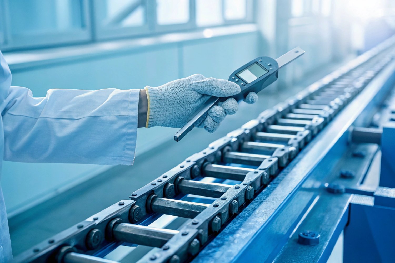 Quality control inspector using a digital caliper to measure conveyor chain precision.