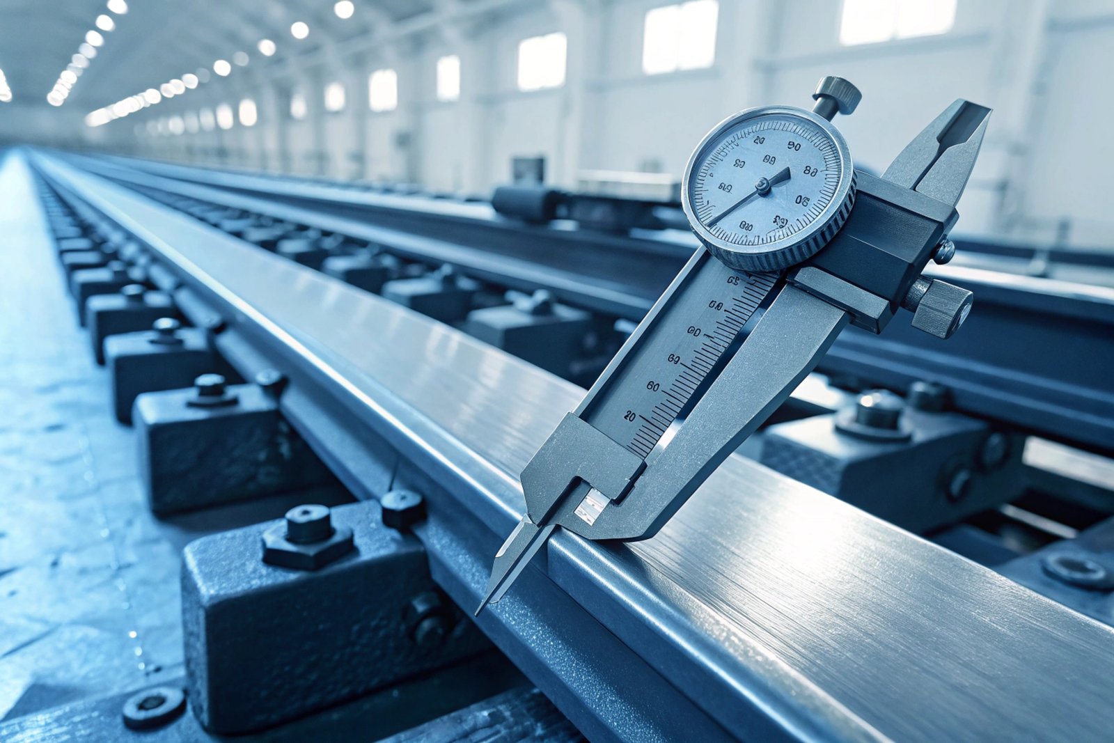 Precision Rail Measurement Tool Precision dial caliper tool measuring steel rail dimensions in a modern industrial workshop.