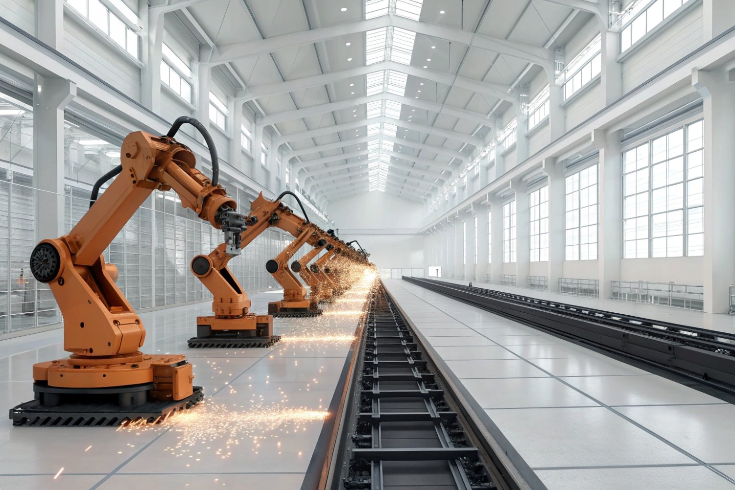 Automated robotic arms welding steel on a precision assembly line in a bright factory