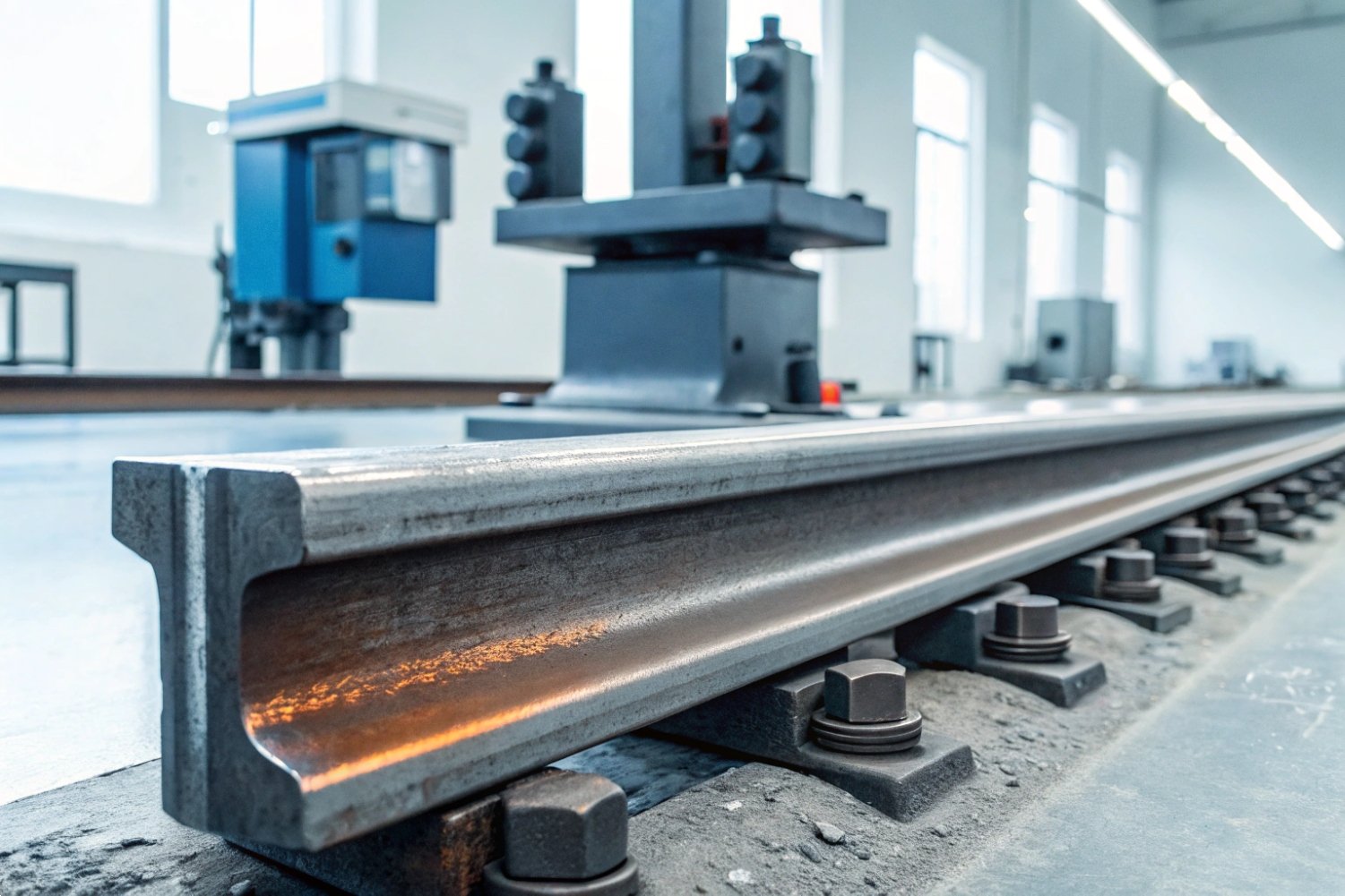 Close-up of a precision-engineered steel railway track section secured with heavy-duty bolts and fasteners