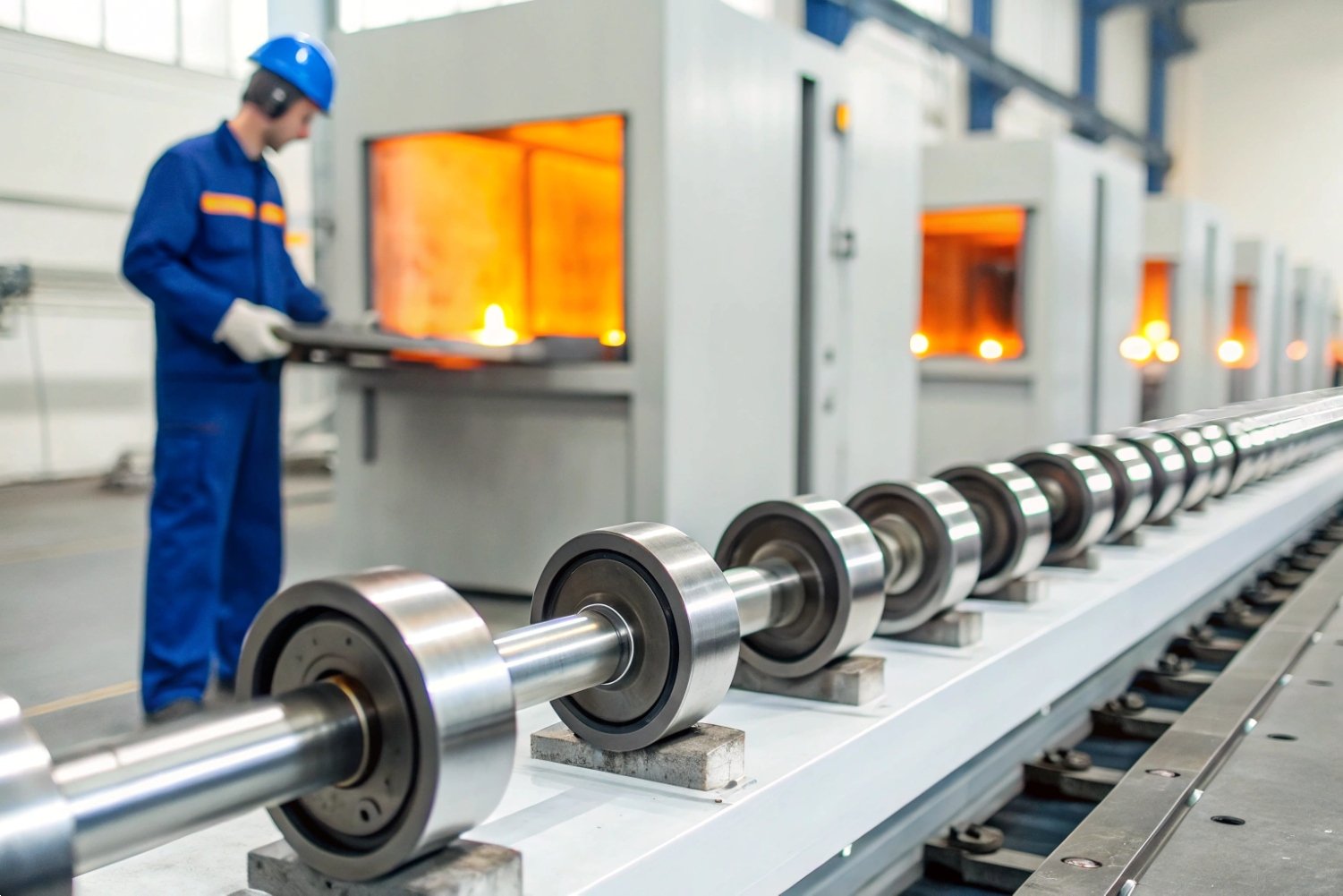 Factory technician monitoring industrial rollers near high-temperature metal processing furnaces