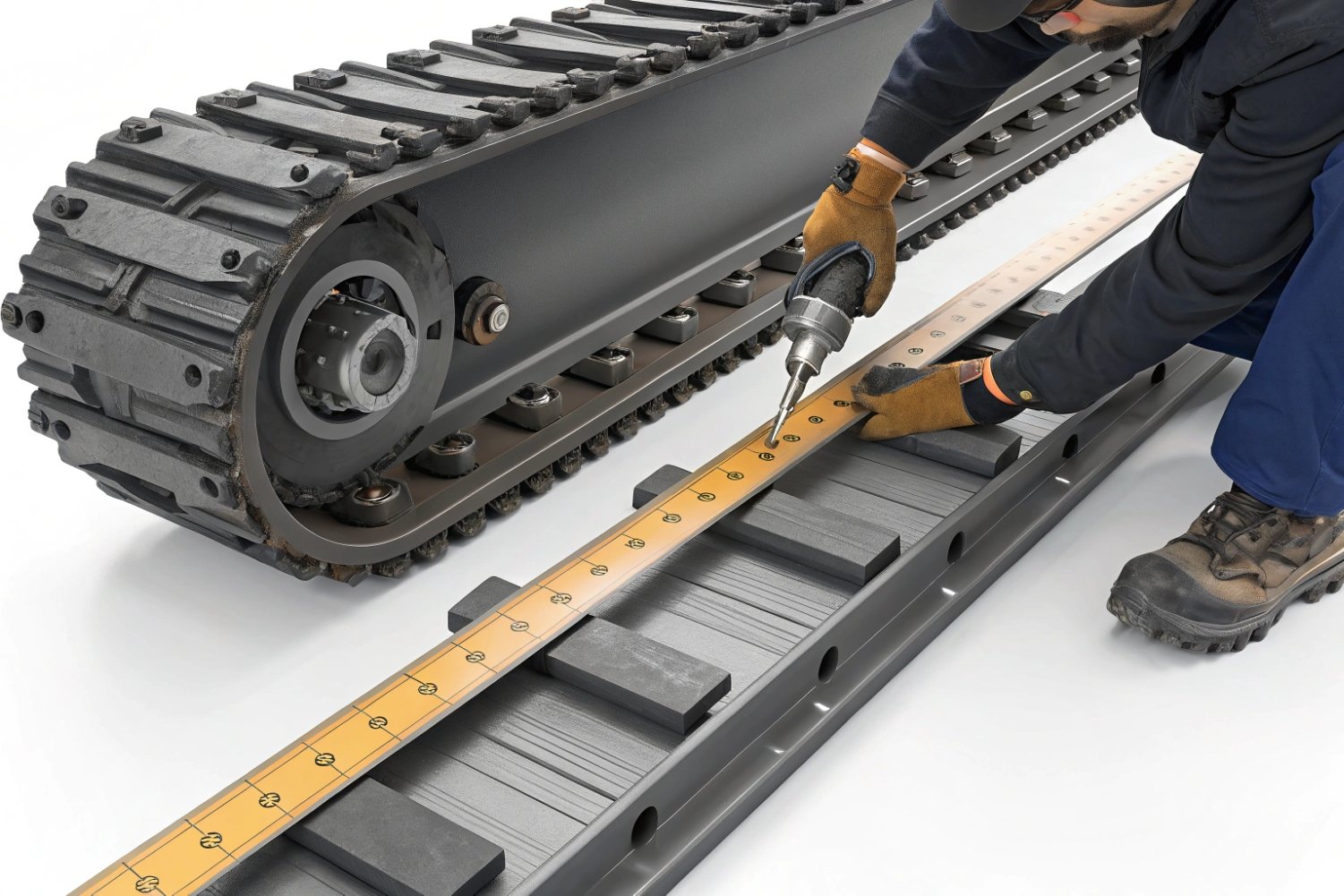Heavy Equipment Track Maintenance Professional technician using precision power tools to maintain heavy-duty industrial excavator crawler tracks