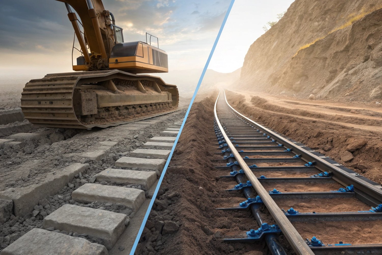 Split screen view comparing heavy excavator crawler tracks with newly installed railway steel tracks