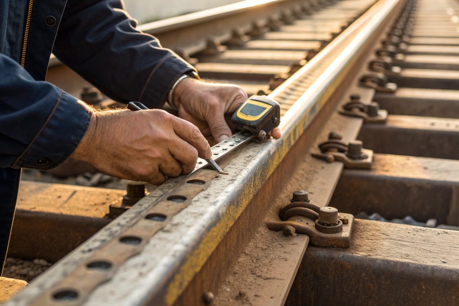 Railway Track Precision Measurement Worker using manual measurement tape to check precision of industrial steel railway track