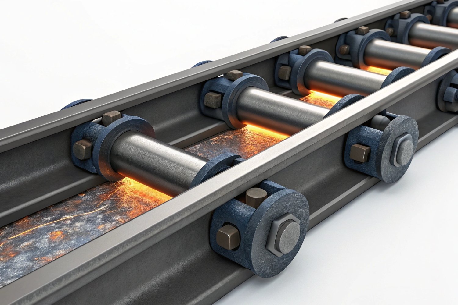 Industrial Roller Chain Detail Close-up of industrial roller chain components with orange glowing heat effects.
