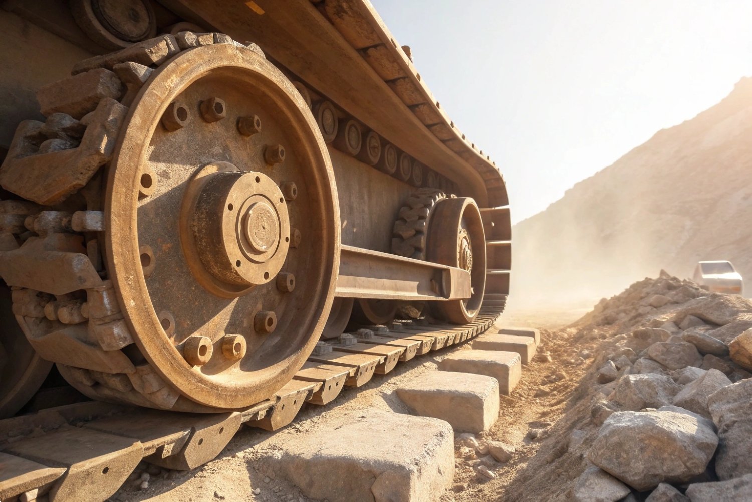 Heavy Duty Excavator Track Close-up of a rugged heavy-duty excavator undercarriage track on a construction site.