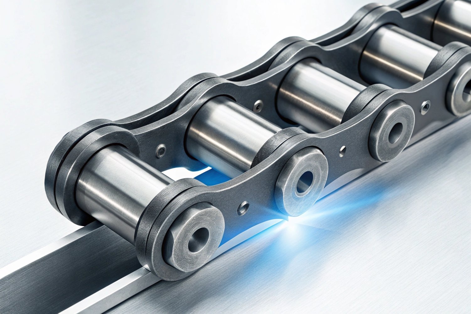 Industrial Roller Chain Close-up of industrial steel roller chain on a metallic surface.