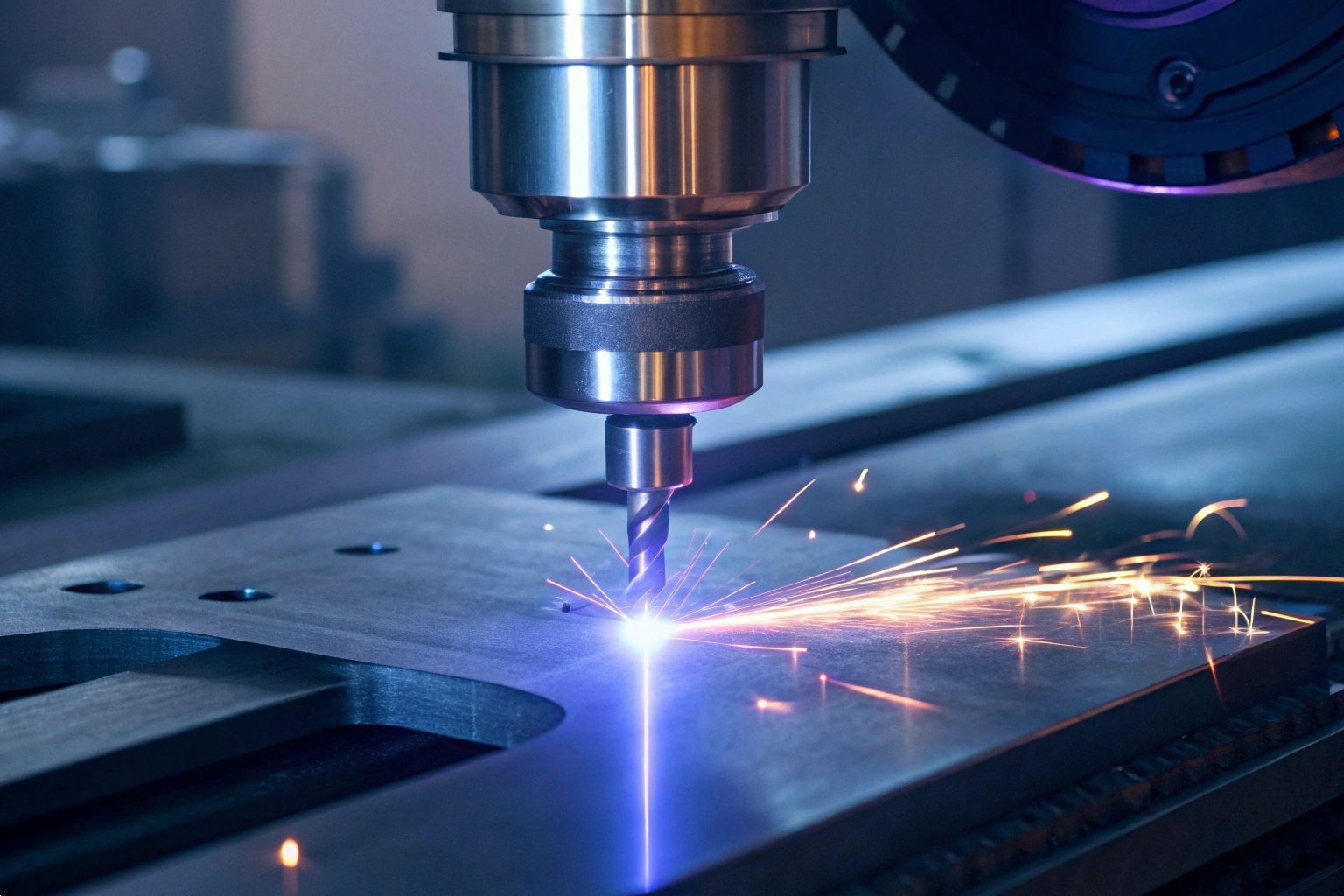 Spectrometer Material Analysis - OES 3D render testing steel for idler wheels, showing plasma spark & chemical composition data