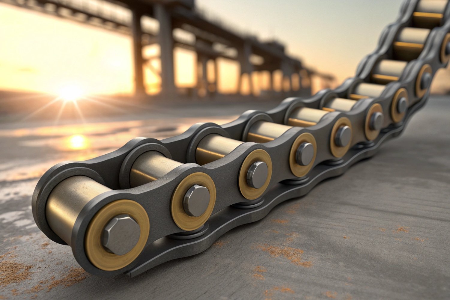 Close-up of a durable steel roller chain on a construction site during sunset.