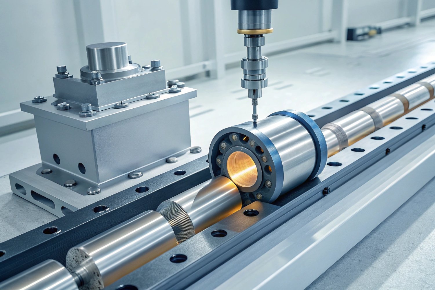 Precision Industrial Manufacturing Automated CNC precision machine tool processing a cylindrical metal engine component in a factory.