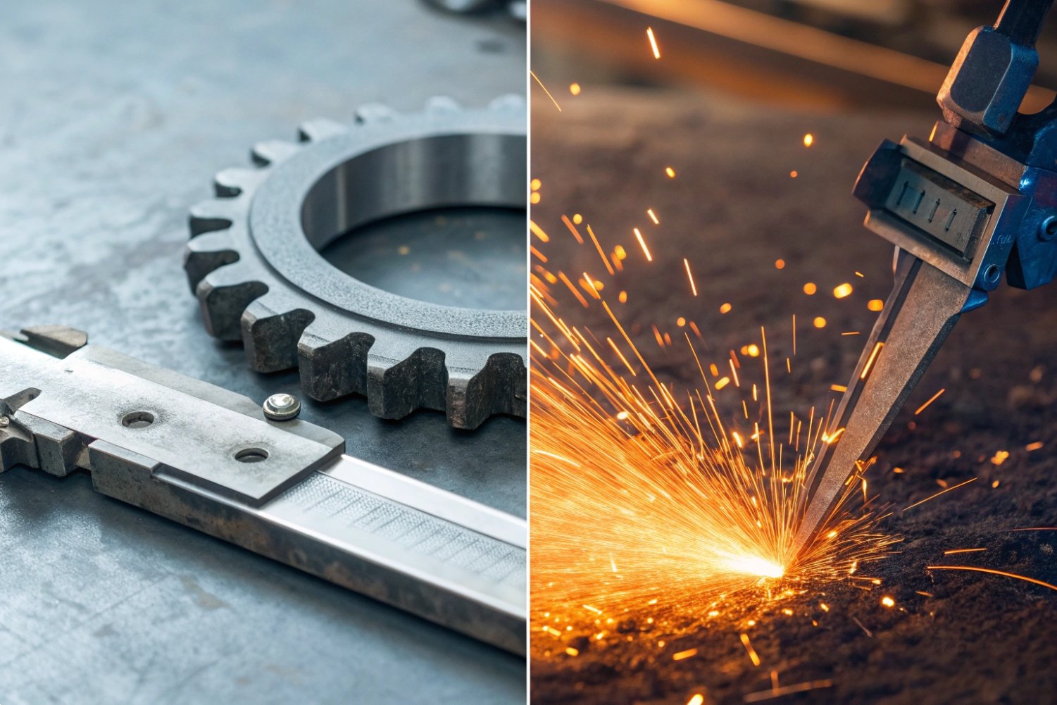 Split screen showing a metal gear with calipers and industrial laser cutting with bright sparks.