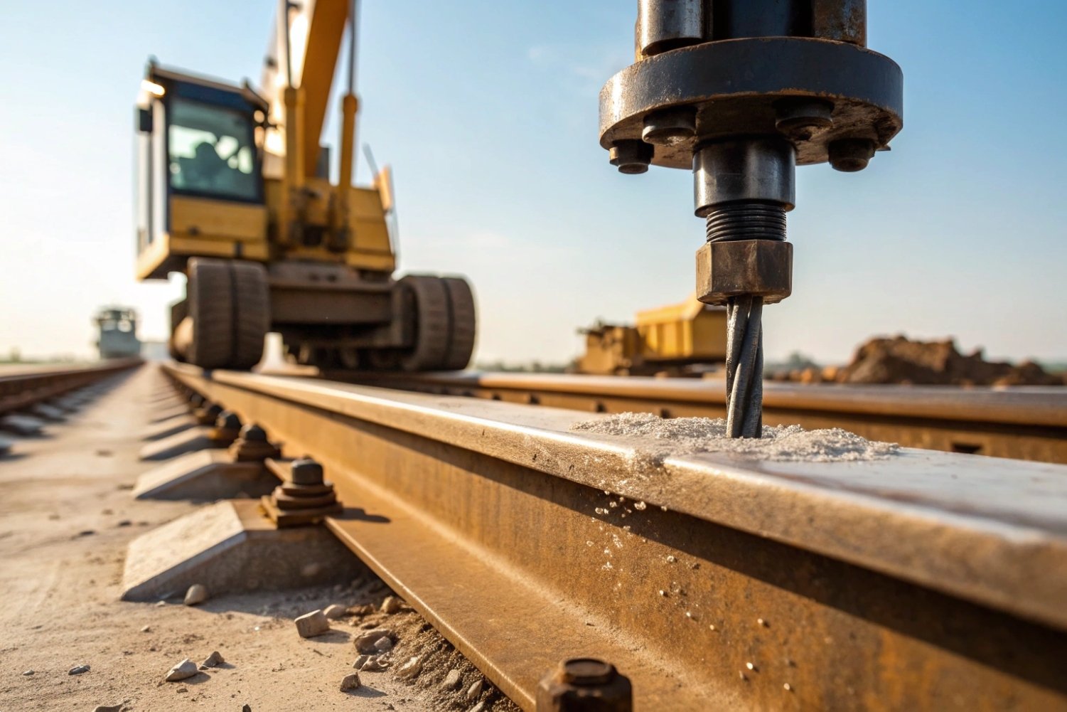 Automated drill bit boring into a steel rail with heavy construction machinery in background.