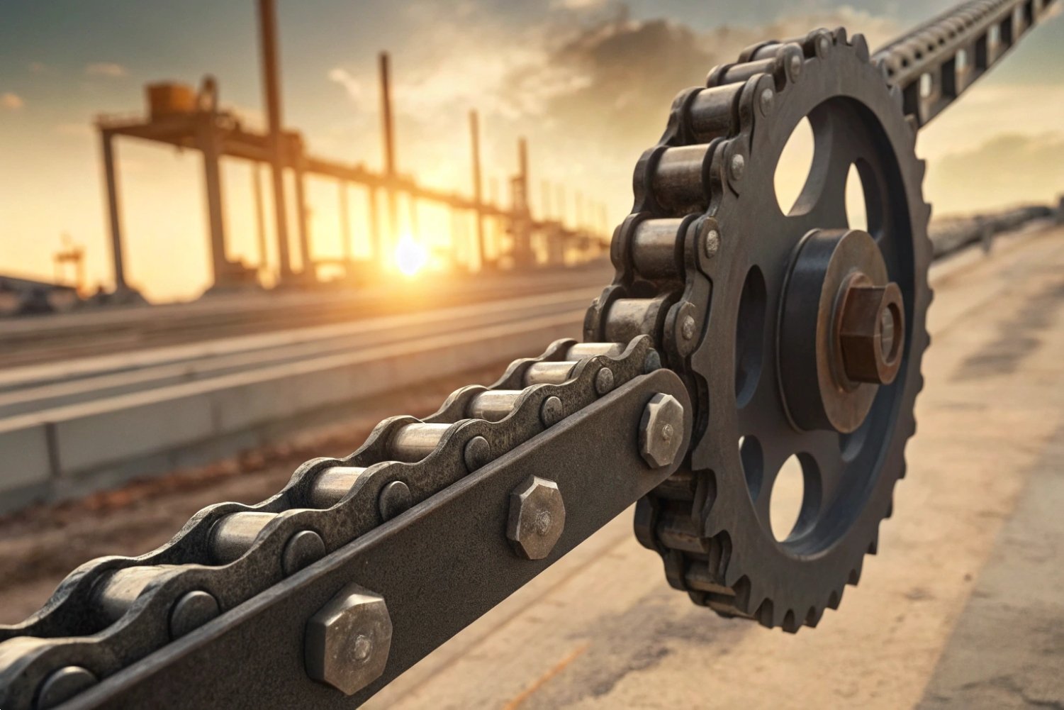 Heavy equipment drive sprocket and roller chain assembly on a sunlit industrial construction site.