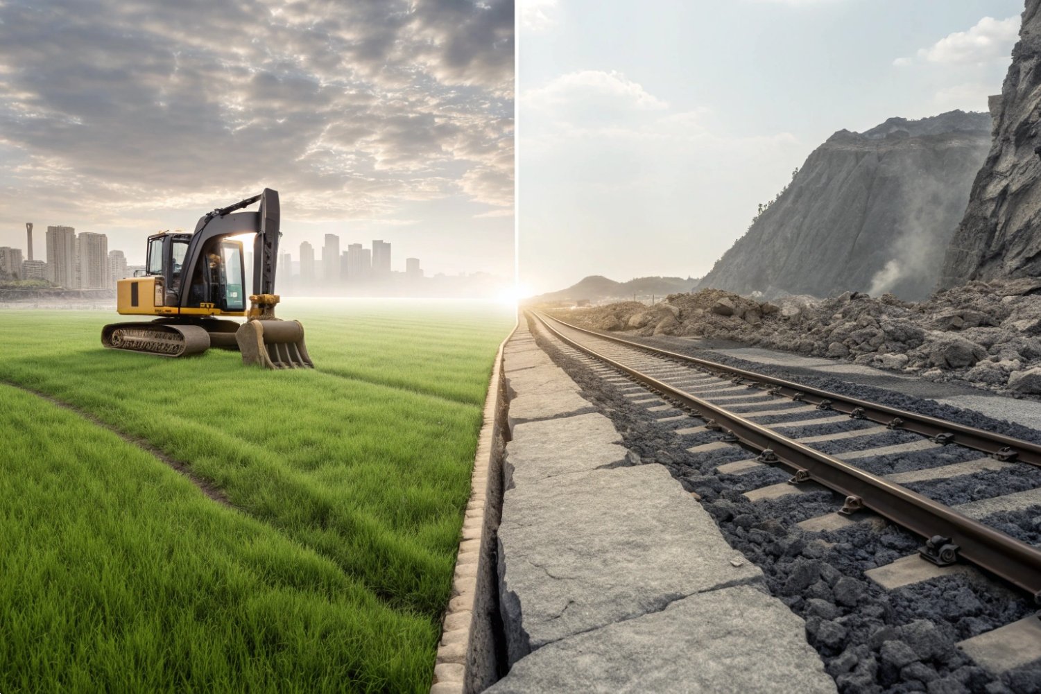 Infrastructure Development Comparison Split screen showing an excavator in a green field and a railway track construction site.