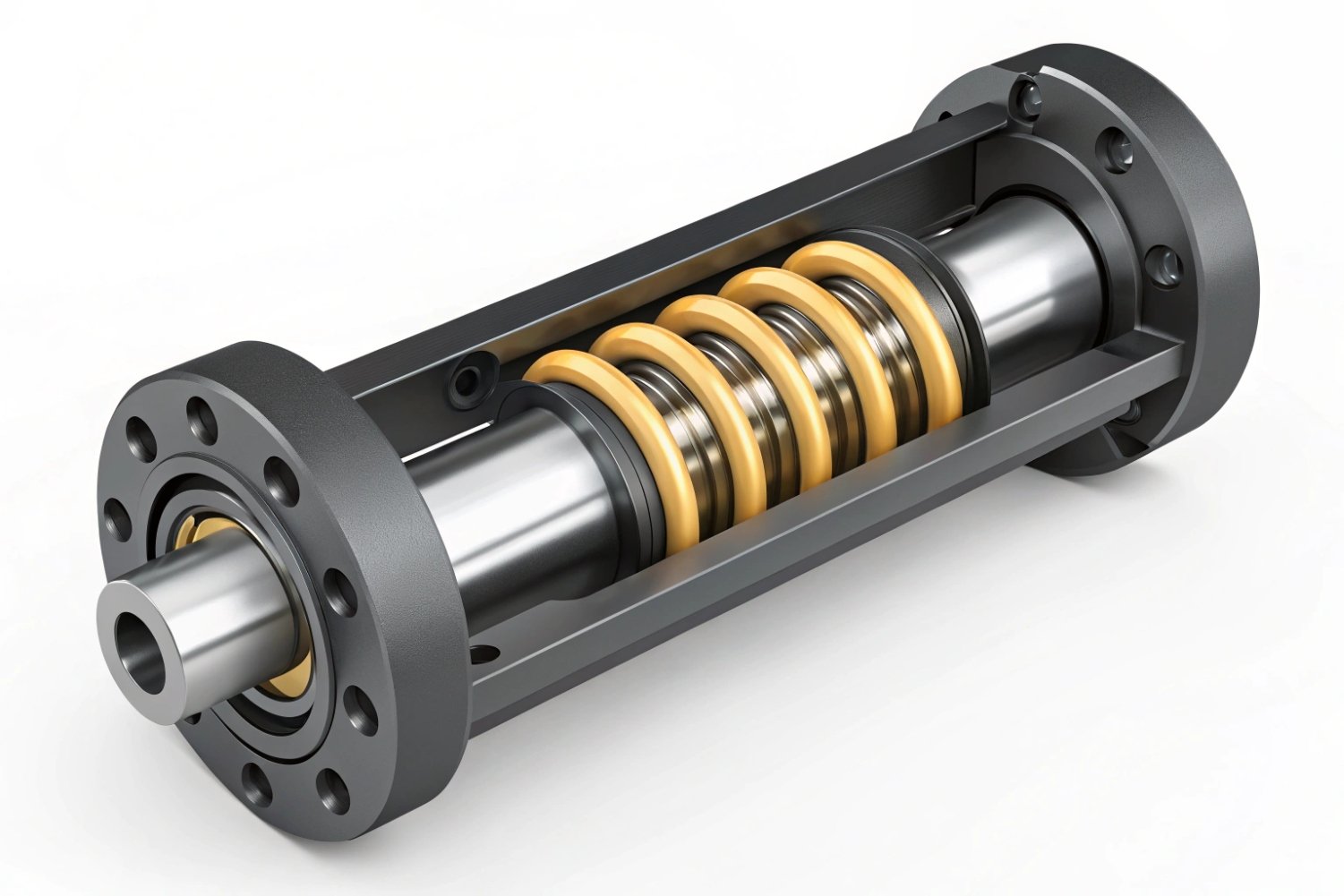 Detailed 3D cutaway model of an industrial hydraulic spring tensioner for heavy machinery.
