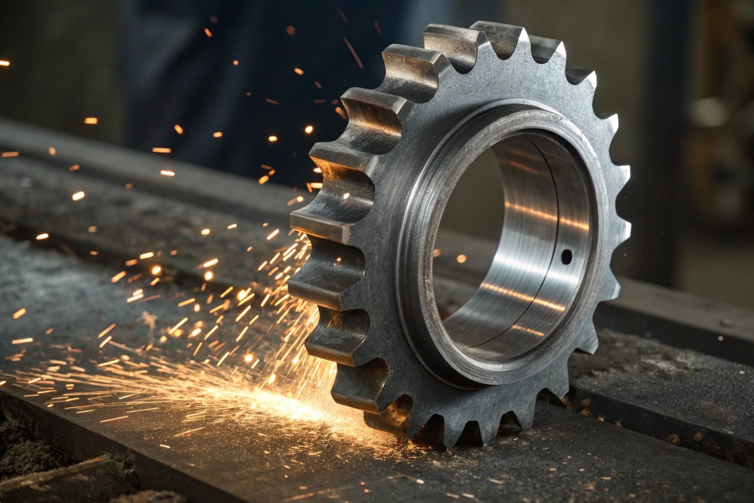 Close-up of a high-precision metal gear sprocket with sparks flying during industrial manufacturing.