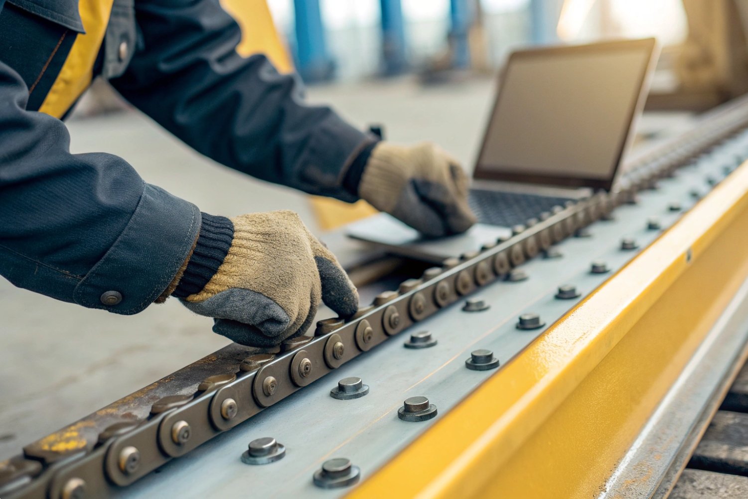 Industrial worker using a laptop to inspect a heavy-duty chain drive system