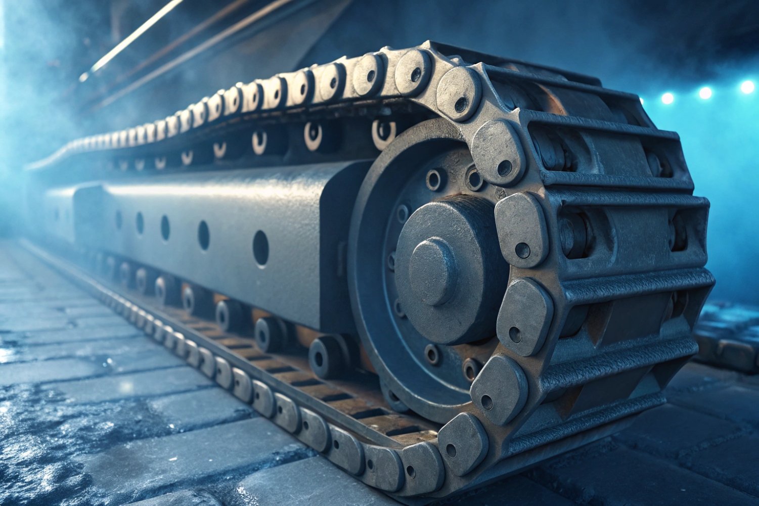 Close-up of a heavy-duty steel crawler track assembly with blue atmospheric lighting