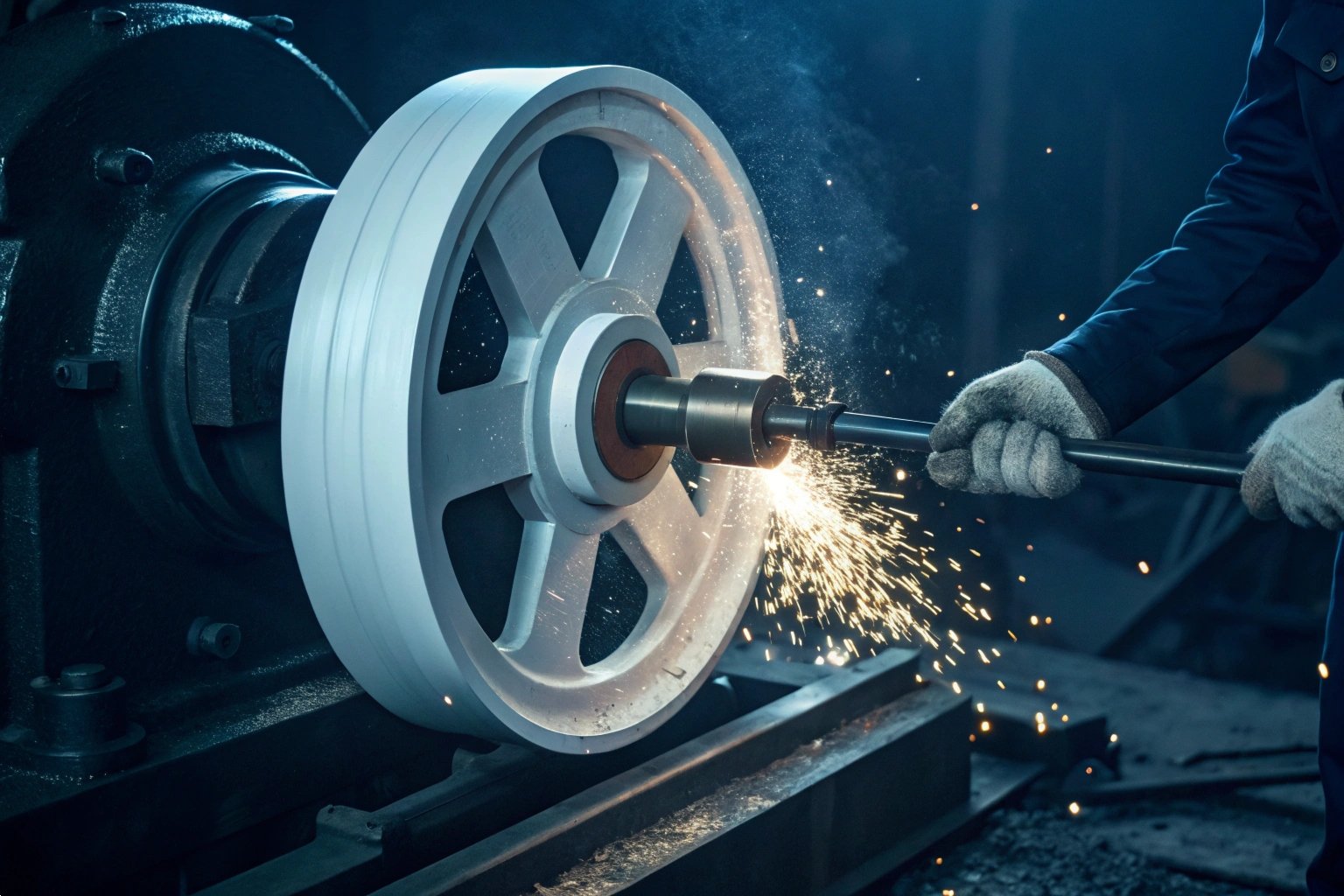 Engineer machining large industrial wheel with grinder, generates sparks, precision, manufacturing