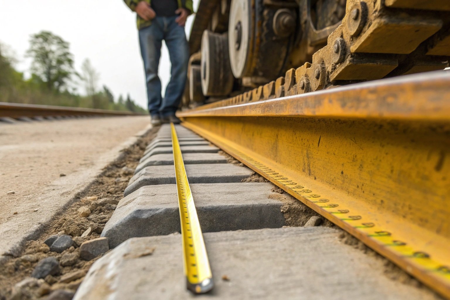Close-up of a large steel excavator drive sprocket gear on a railway track