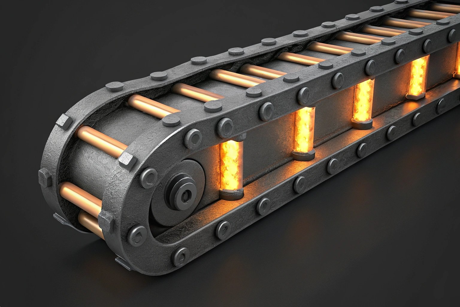 Close-up of a durable industrial conveyor roller chain with glowing heat-resistant pins.