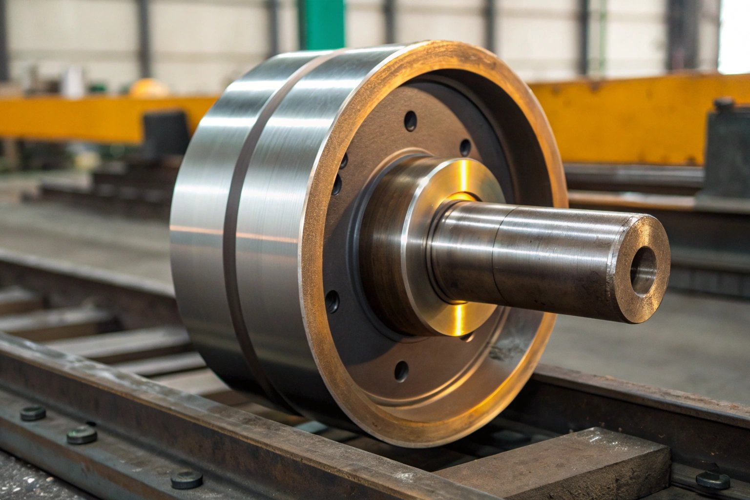 Precision machined steel crane wheel assembly sitting on industrial transport rails in a warehouse.