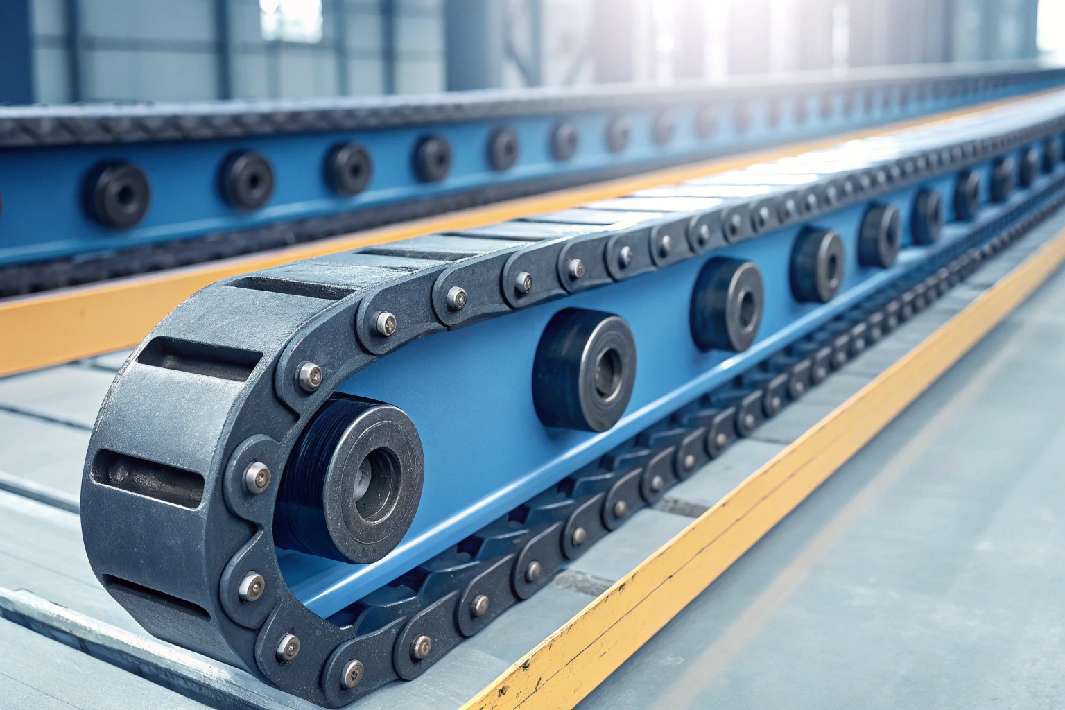 Blue industrial conveyor track chain system installed in a modern manufacturing facility.