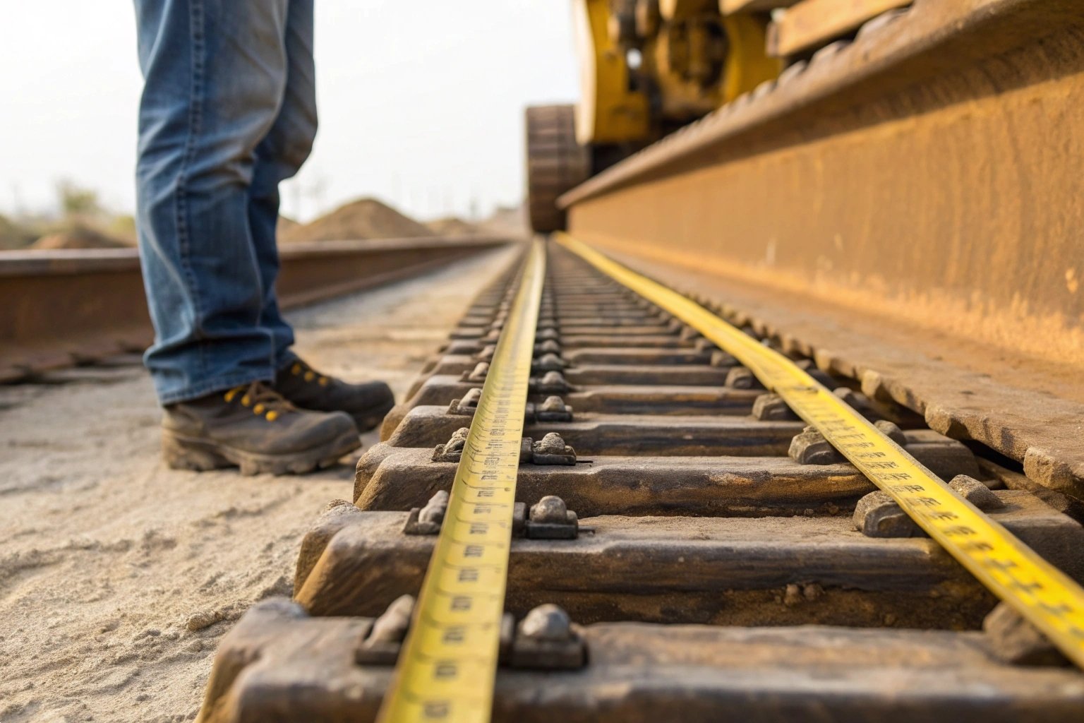 Track Measurement Precision Close-up of yellow measuring tape on industrial railway tracks for precise surveying.
