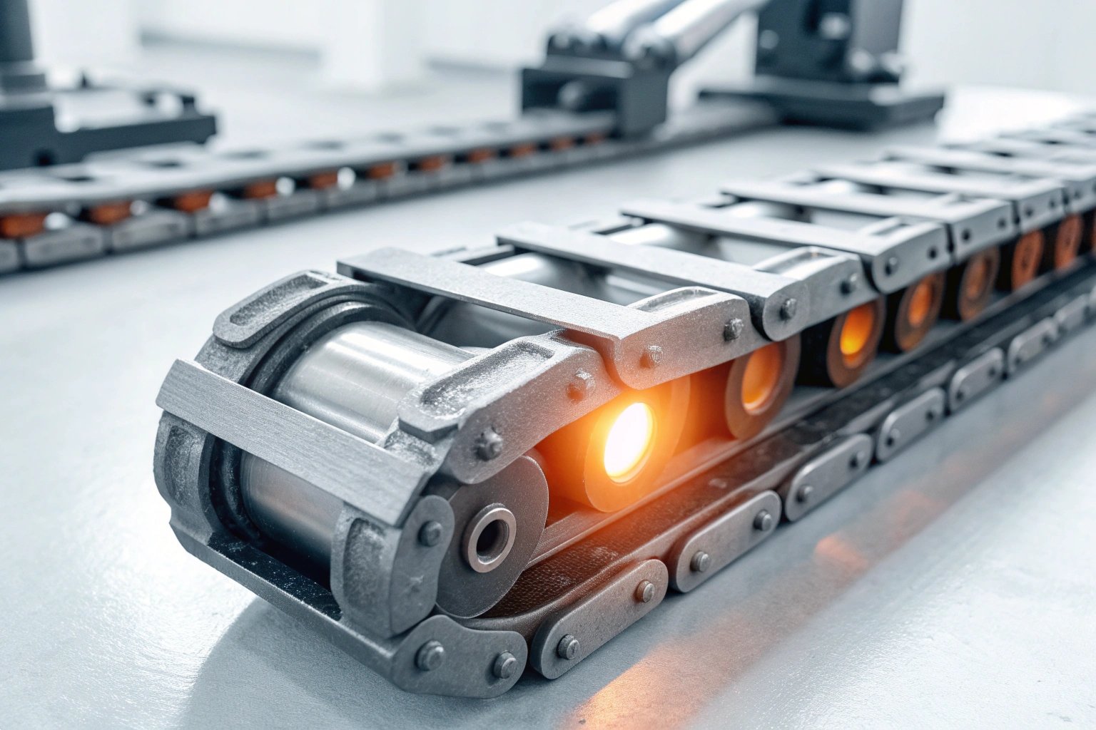 Close up of a metallic cable carrier chain for industrial automation machinery.