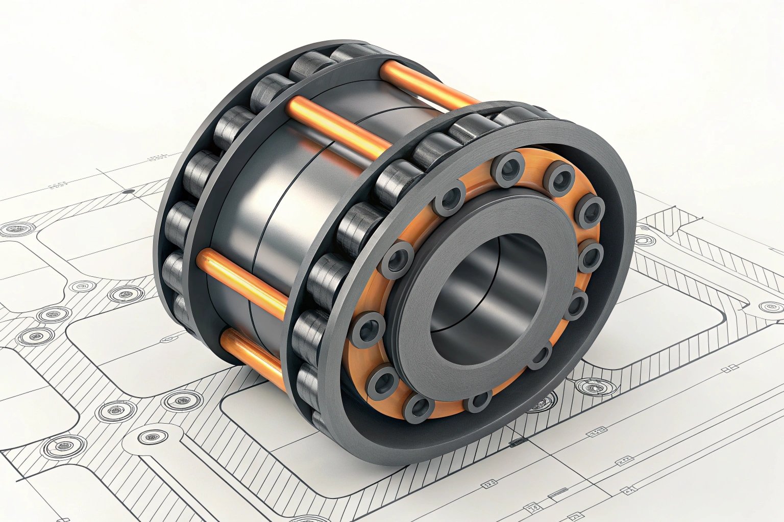 Technical 3D rendering of a high-precision industrial roller bearing assembly.