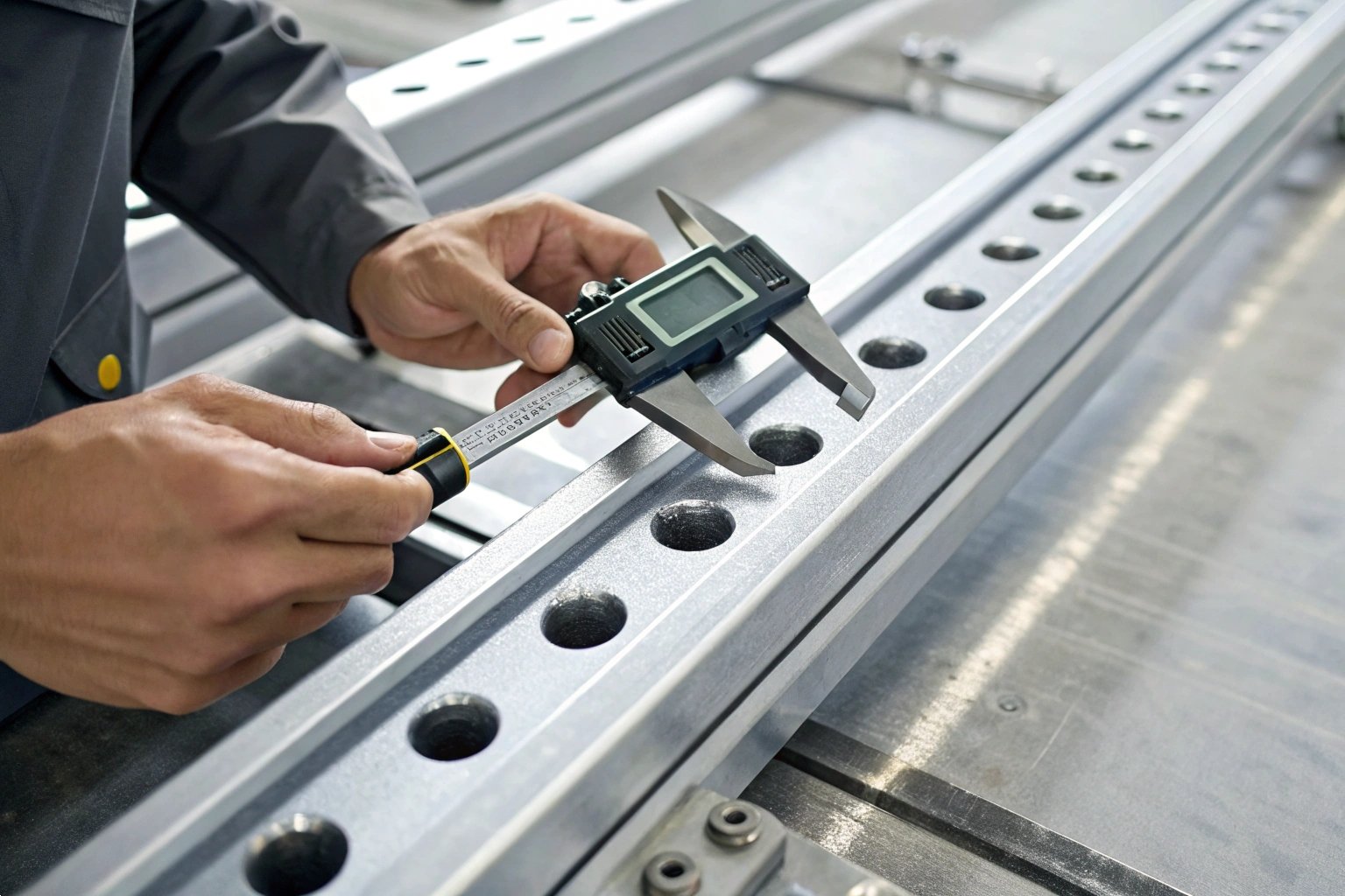 Technician Measuring Excavator Bulldozer Undercarriage Metal Parts with Digital Calipers.
