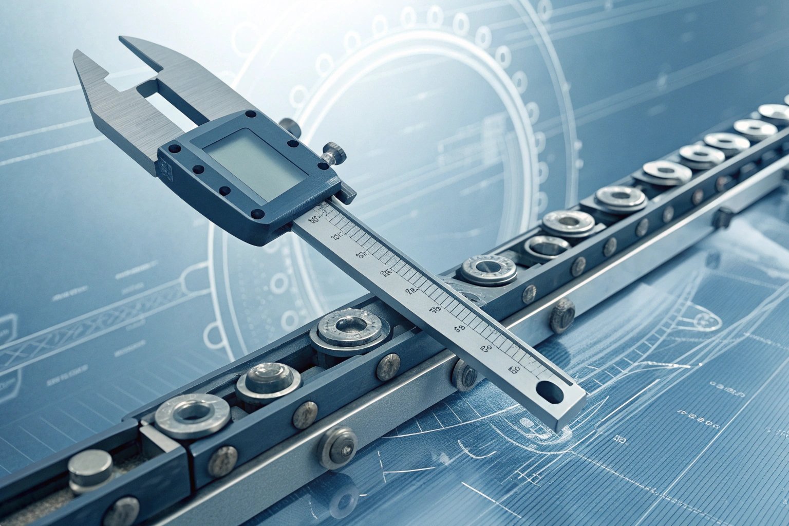 Engineer using digital calipers for precision measurement of a metal industrial rail component.