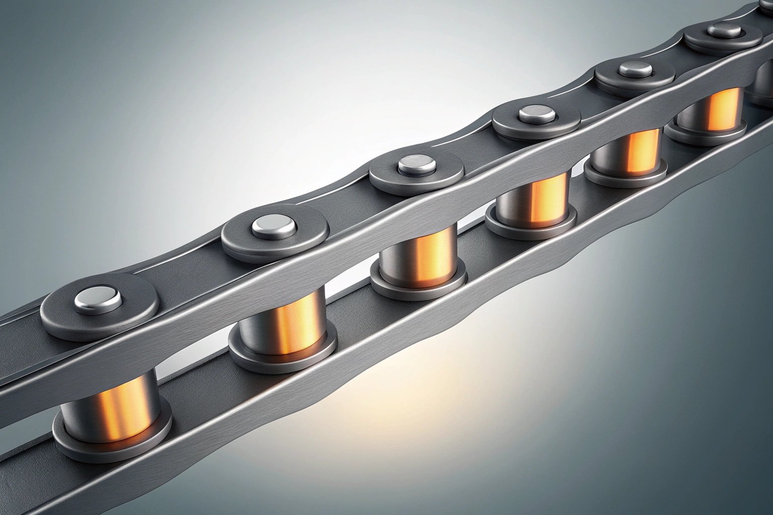 Close up of a precision industrial roller chain with glowing internal pins.