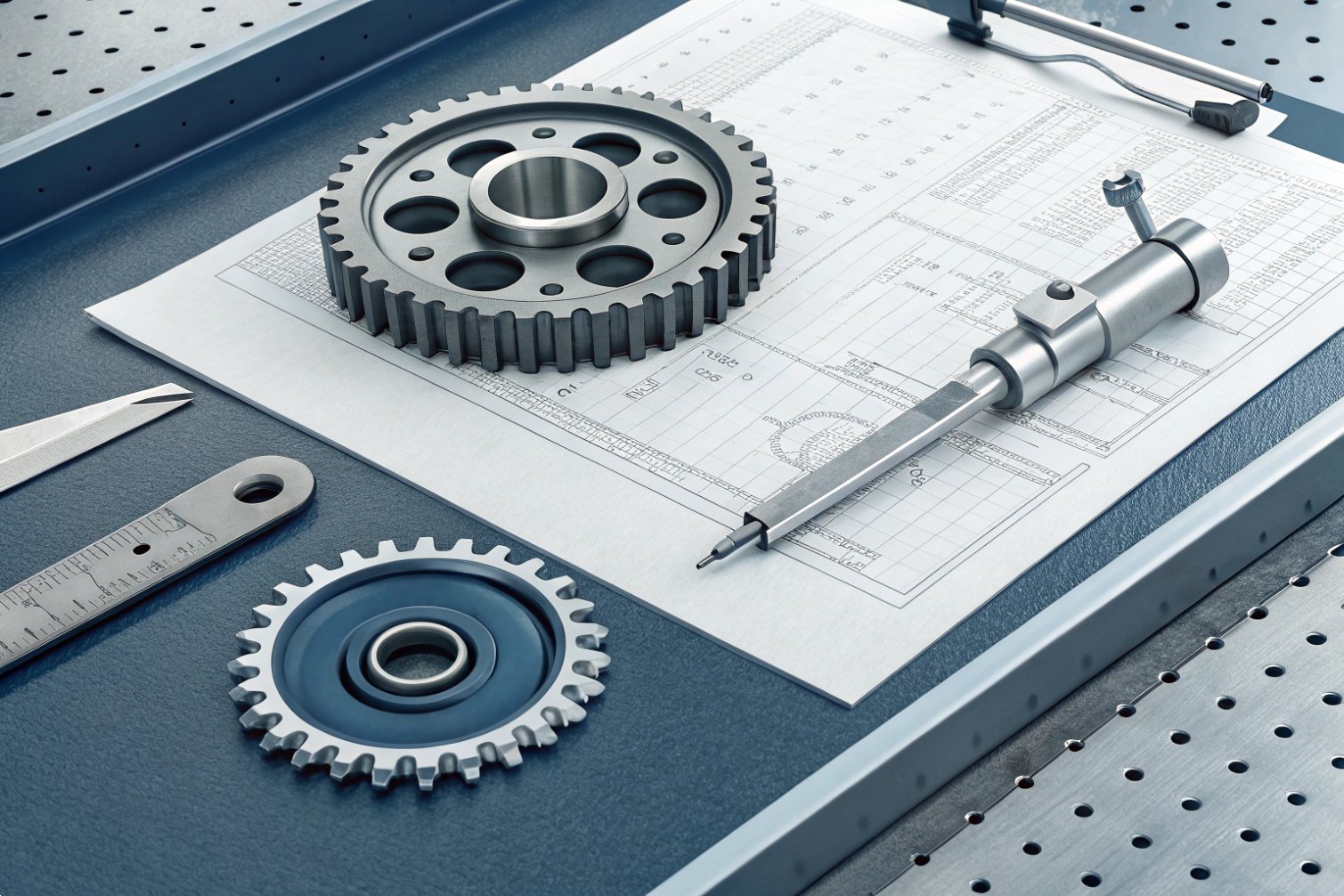 Engineering tools with gears, showcasing precision and design planning.