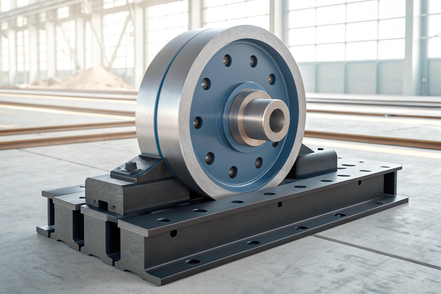 Large blue industrial pulley wheel mounted on a heavy steel support base in a workshop.