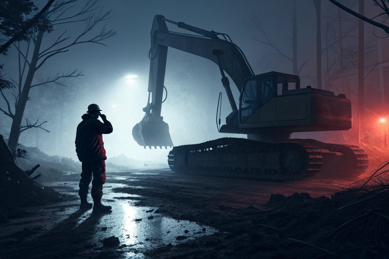 Excavator operator working at night, scene illuminated, heavy equipment, construction site, emergency operations