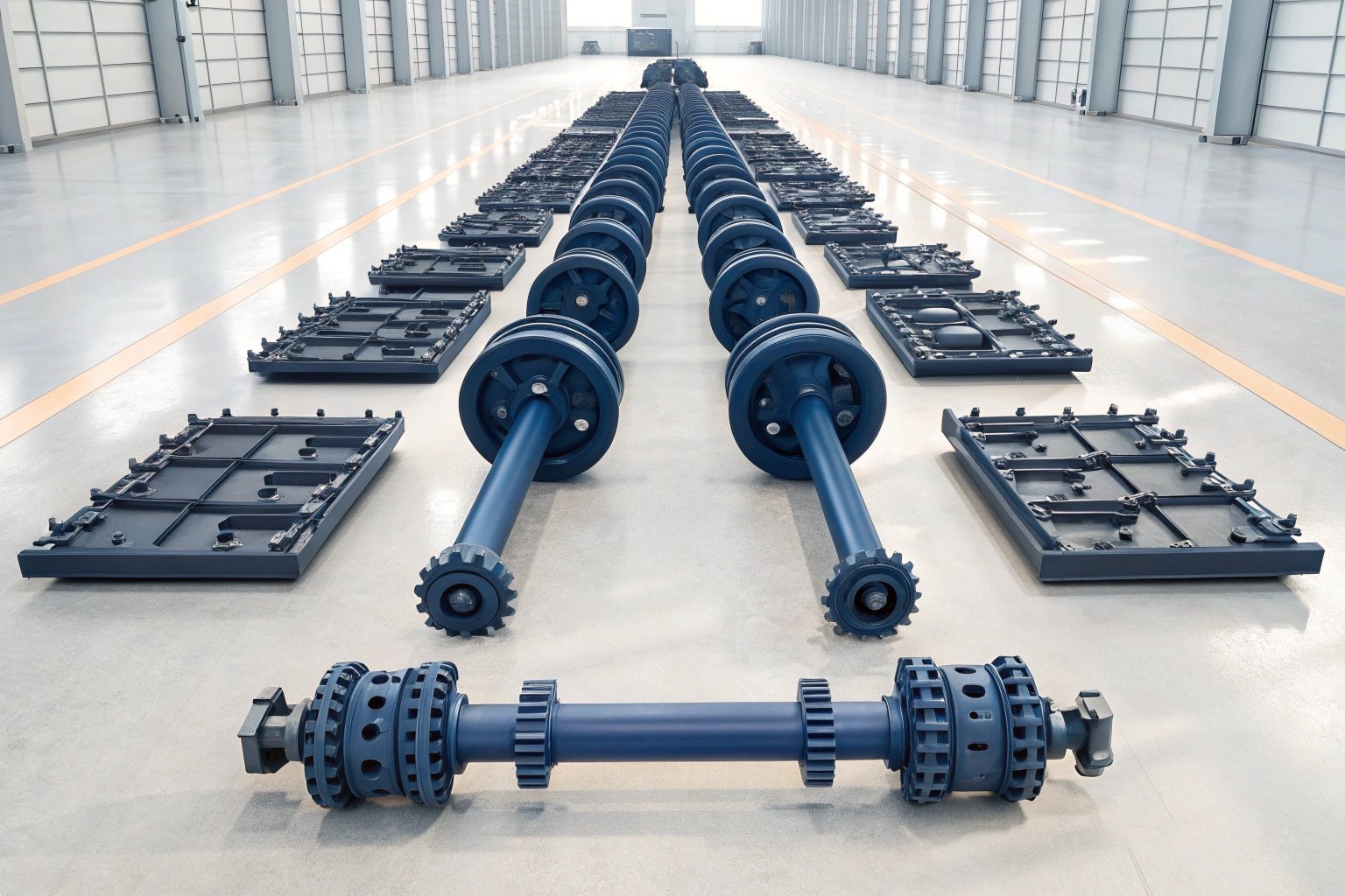 Array of blue industrial drive shafts and axles in a factory assembly line.