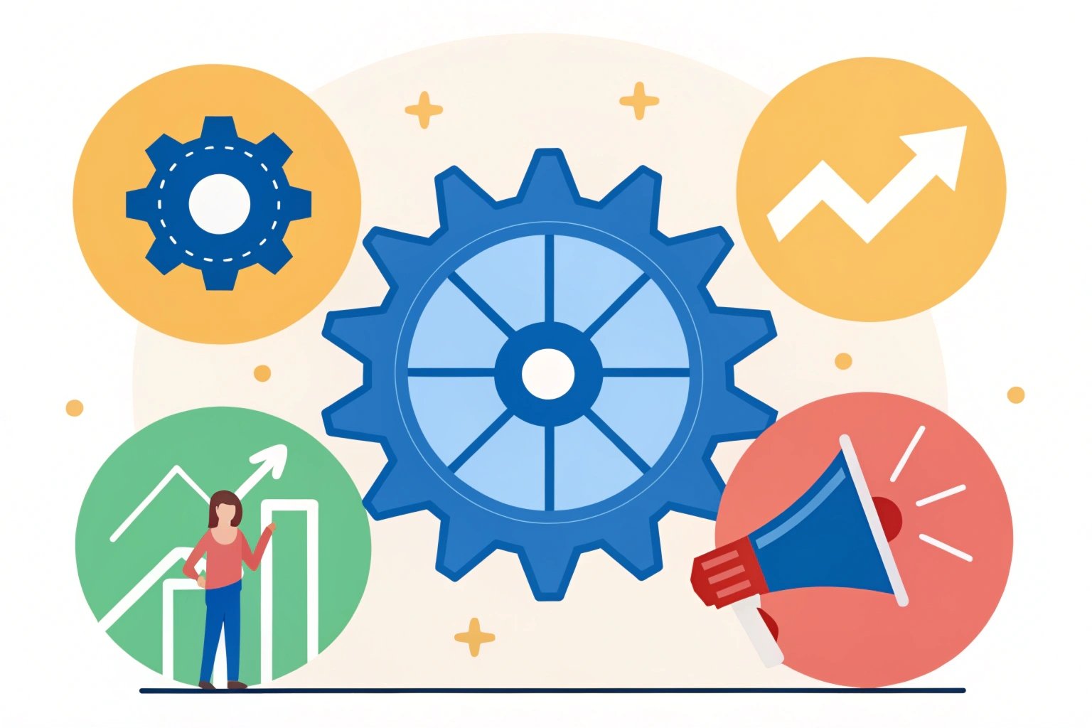 Growth Mechanics Illustration of gears representing marketing, growth, and analytics concepts in a colorful design.