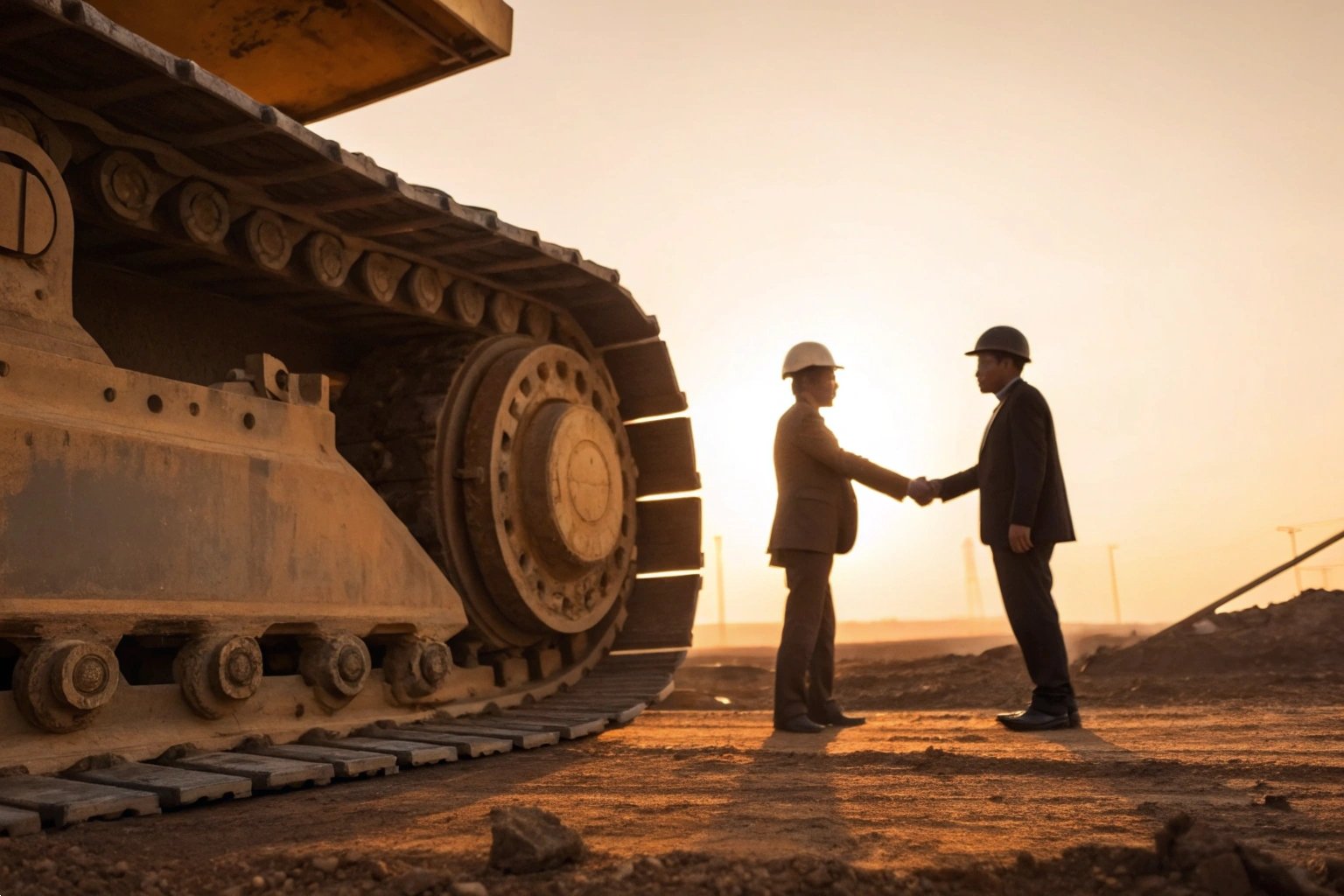 Two professionals shaking hands near a large caterpillar track during sunset.