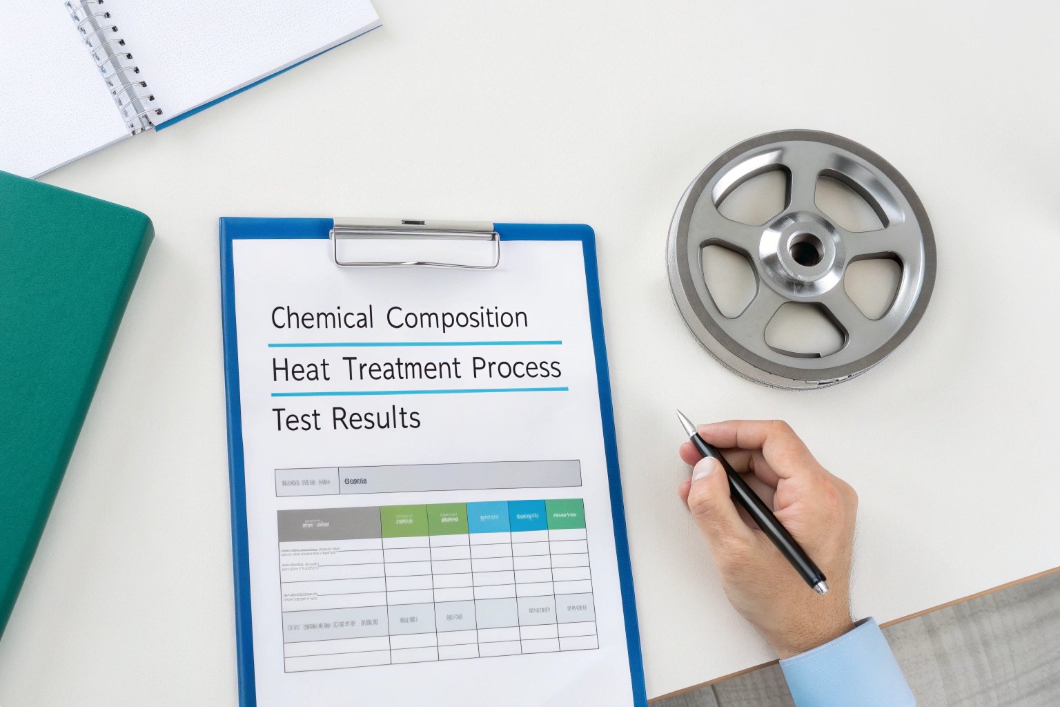 Clipboard with chemical composition report and metal gear on desk.