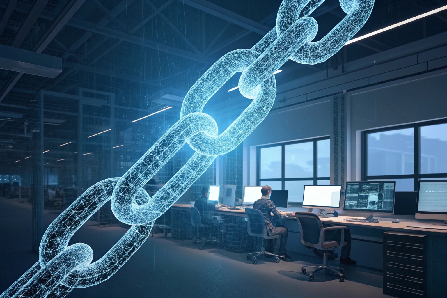 Digital chain overlay on computer-based workspace, linking technology.