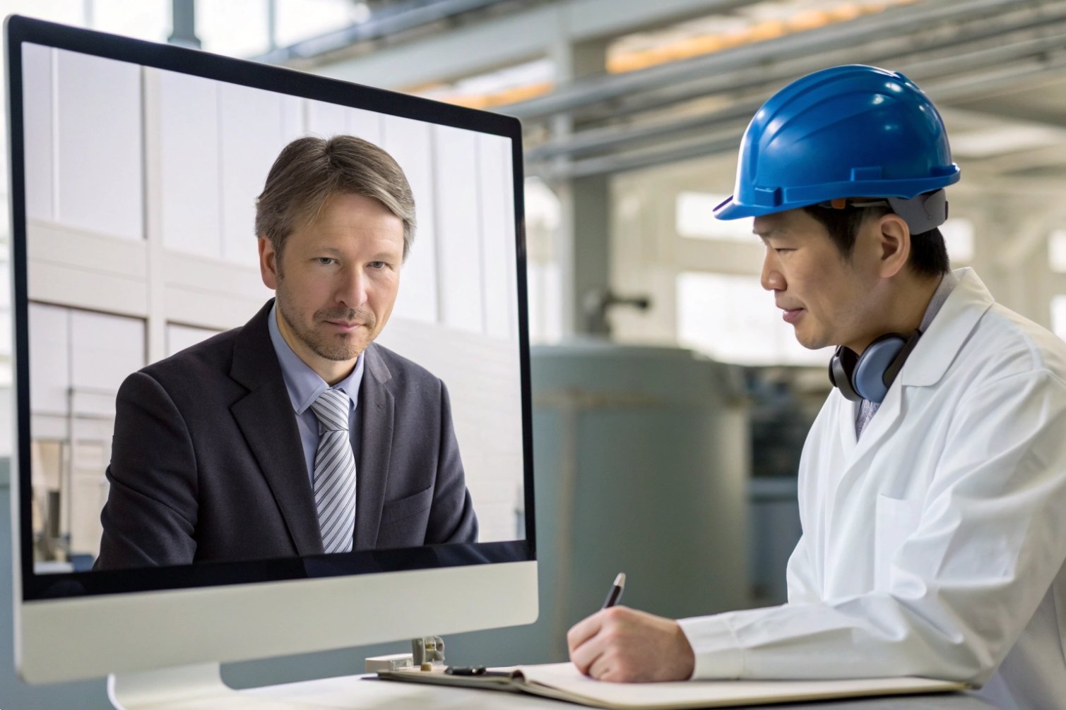 Remote meeting between engineer and executive on computer screen.
