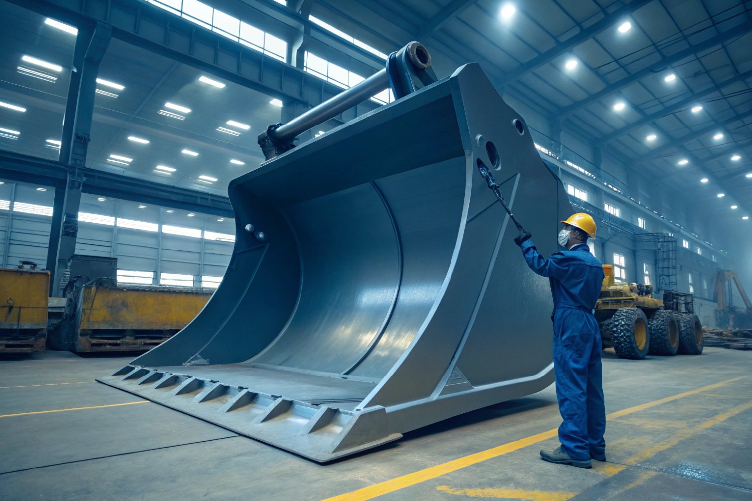 Engineer inspecting large excavator bucket in factory environment.