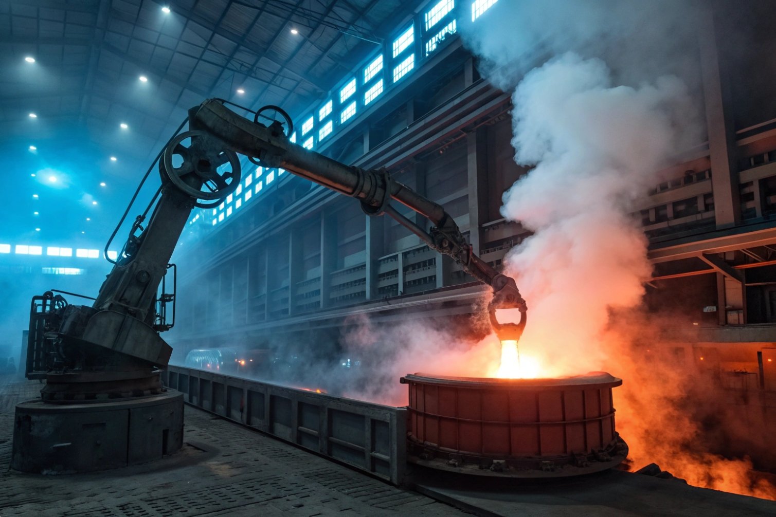 Industrial robotics handling molten metal, showcasing automation in steel production.