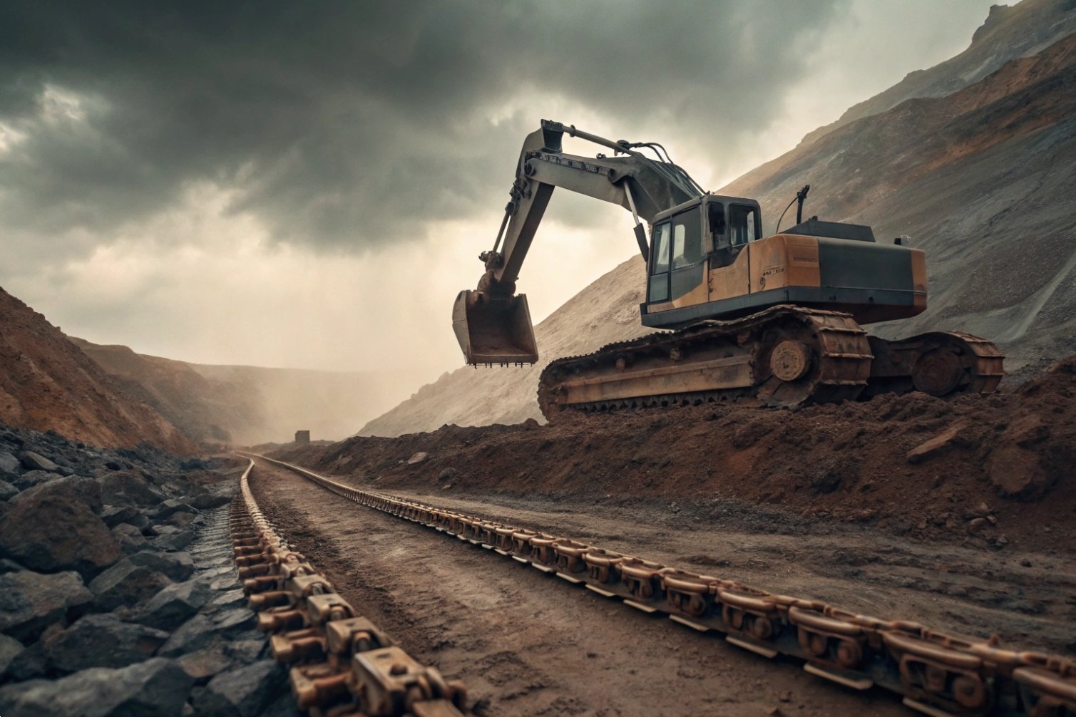 Excavator operating in mine under cloudy sky.